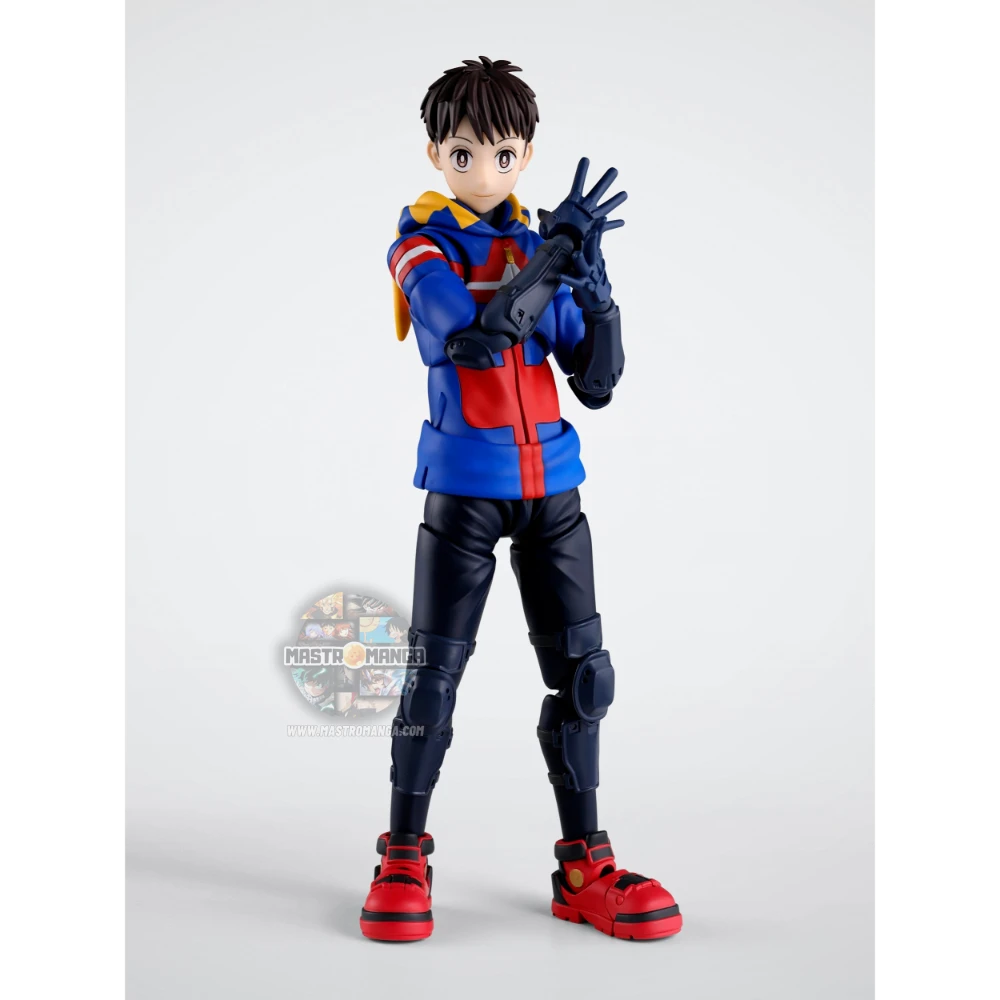 Action figure articolata S.H.Figuarts di Koichi Haimawari da My Hero Academia Vigilantes, con la sua caratteristica felpa gialla con cappuccio, maschera improvvisata ed effetti trasparenti per il Quirk di scivolamento