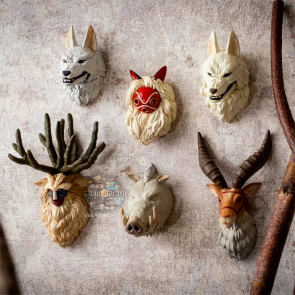 Set assortito di magneti 3D ufficiali Studio Ghibli della serie Princess Mononoke, raffiguranti San con la maschera, Ashitaka, Yakul e i piccoli Kodama in rilievo