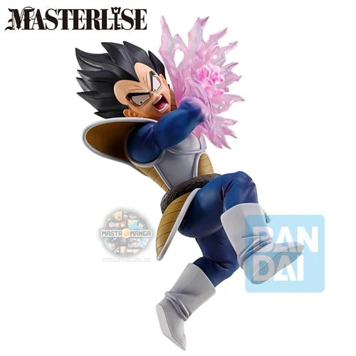 Statua da collezione Ichibansho MASTERLISE di Vegeta da Dragon Ball Z, con la classica armatura da battaglia blu e bianca, capelli neri a punta e un'espressione di sfida intensa nella posa Spectacle Battle