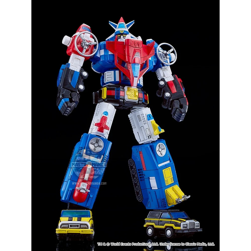 Model kit da assemblare del robot Armored Fleet Dairugger XV della linea MODEROID di Good Smile Company, mostrato sia nella forma combinata che nei 15 veicoli separati