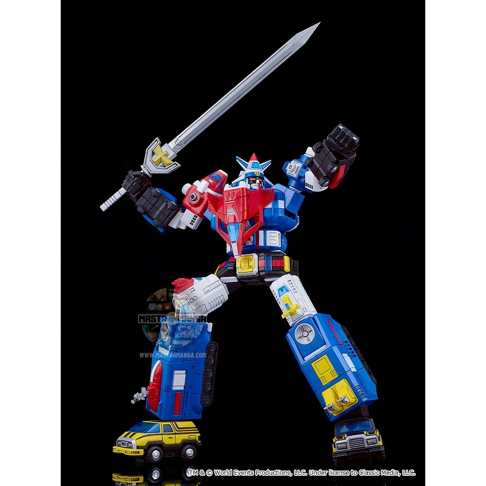 Model kit da assemblare del robot Armored Fleet Dairugger XV della linea MODEROID di Good Smile Company, mostrato sia nella forma combinata che nei 15 veicoli separati