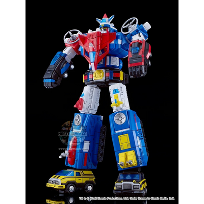 Model kit da assemblare del robot Armored Fleet Dairugger XV della linea MODEROID di Good Smile Company, mostrato sia nella forma combinata che nei 15 veicoli separati