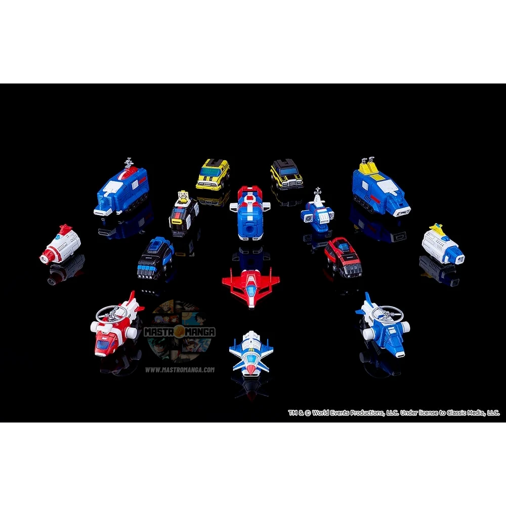 Model kit da assemblare del robot Armored Fleet Dairugger XV della linea MODEROID di Good Smile Company, mostrato sia nella forma combinata che nei 15 veicoli separati