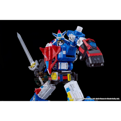 Model kit da assemblare del robot Armored Fleet Dairugger XV della linea MODEROID di Good Smile Company, mostrato sia nella forma combinata che nei 15 veicoli separati