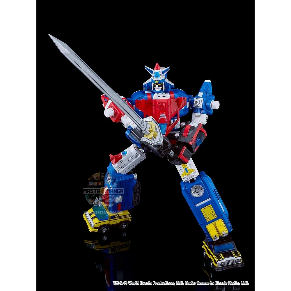 Model kit da assemblare del robot Armored Fleet Dairugger XV della linea MODEROID di Good Smile Company, mostrato sia nella forma combinata che nei 15 veicoli separati