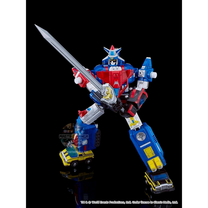 Model kit da assemblare del robot Armored Fleet Dairugger XV della linea MODEROID di Good Smile Company, mostrato sia nella forma combinata che nei 15 veicoli separati