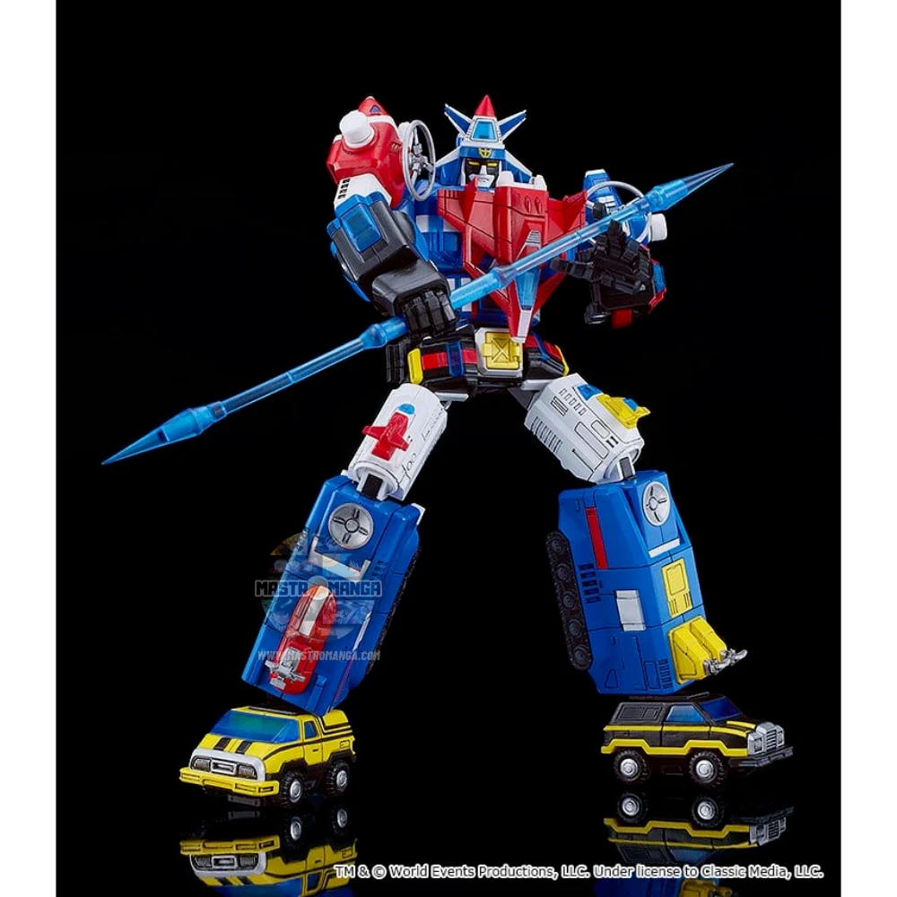 Model kit da assemblare del robot Armored Fleet Dairugger XV della linea MODEROID di Good Smile Company, mostrato sia nella forma combinata che nei 15 veicoli separati