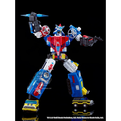 Model kit da assemblare del robot Armored Fleet Dairugger XV della linea MODEROID di Good Smile Company, mostrato sia nella forma combinata che nei 15 veicoli separati