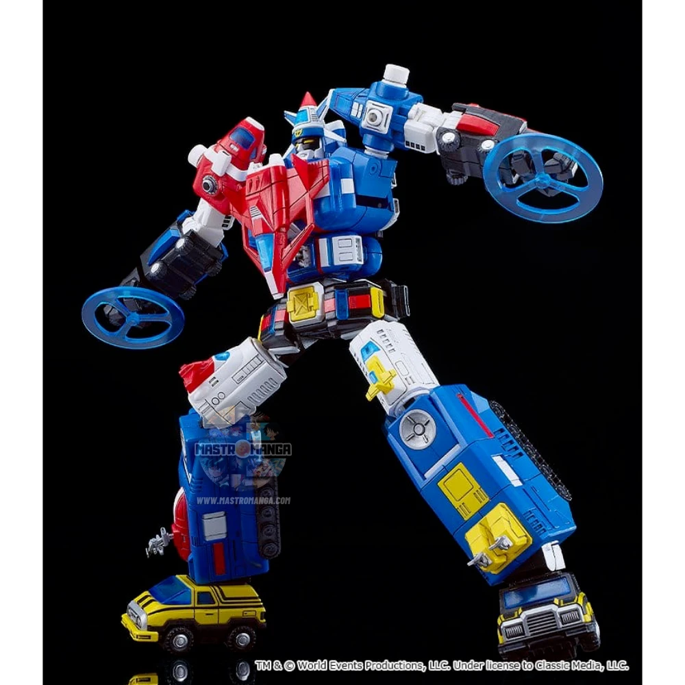 Model kit da assemblare del robot Armored Fleet Dairugger XV della linea MODEROID di Good Smile Company, mostrato sia nella forma combinata che nei 15 veicoli separati