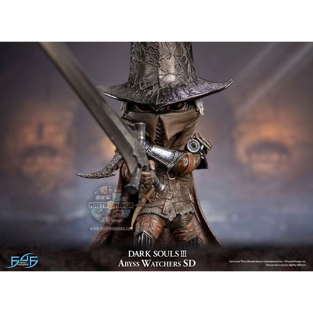 Statua SD degli Abyss Watchers di Dark Souls III prodotta da First 4 Figures, raffigurante il cavaliere con l'iconico cappuccio a punta, spadone e pugnale su base decorativa