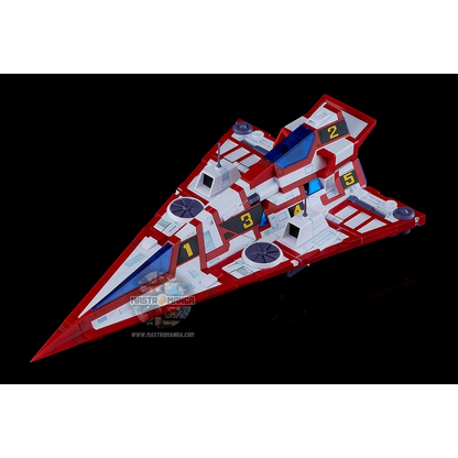 Model kit da assemblare del Gatcha Spartan dalla serie Gatchaman Fighter, linea MODEROID, mostrato nella sua configurazione unita con la colorazione fedele all'anime e i 5 singoli velivoli G1, G2, G3, G4 e G5