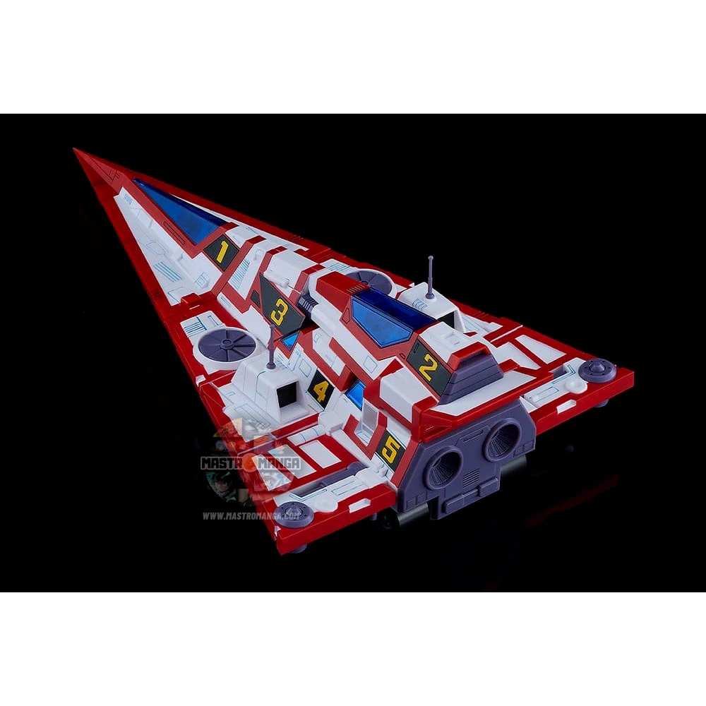 Model kit da assemblare del Gatcha Spartan dalla serie Gatchaman Fighter, linea MODEROID, mostrato nella sua configurazione unita con la colorazione fedele all'anime e i 5 singoli velivoli G1, G2, G3, G4 e G5