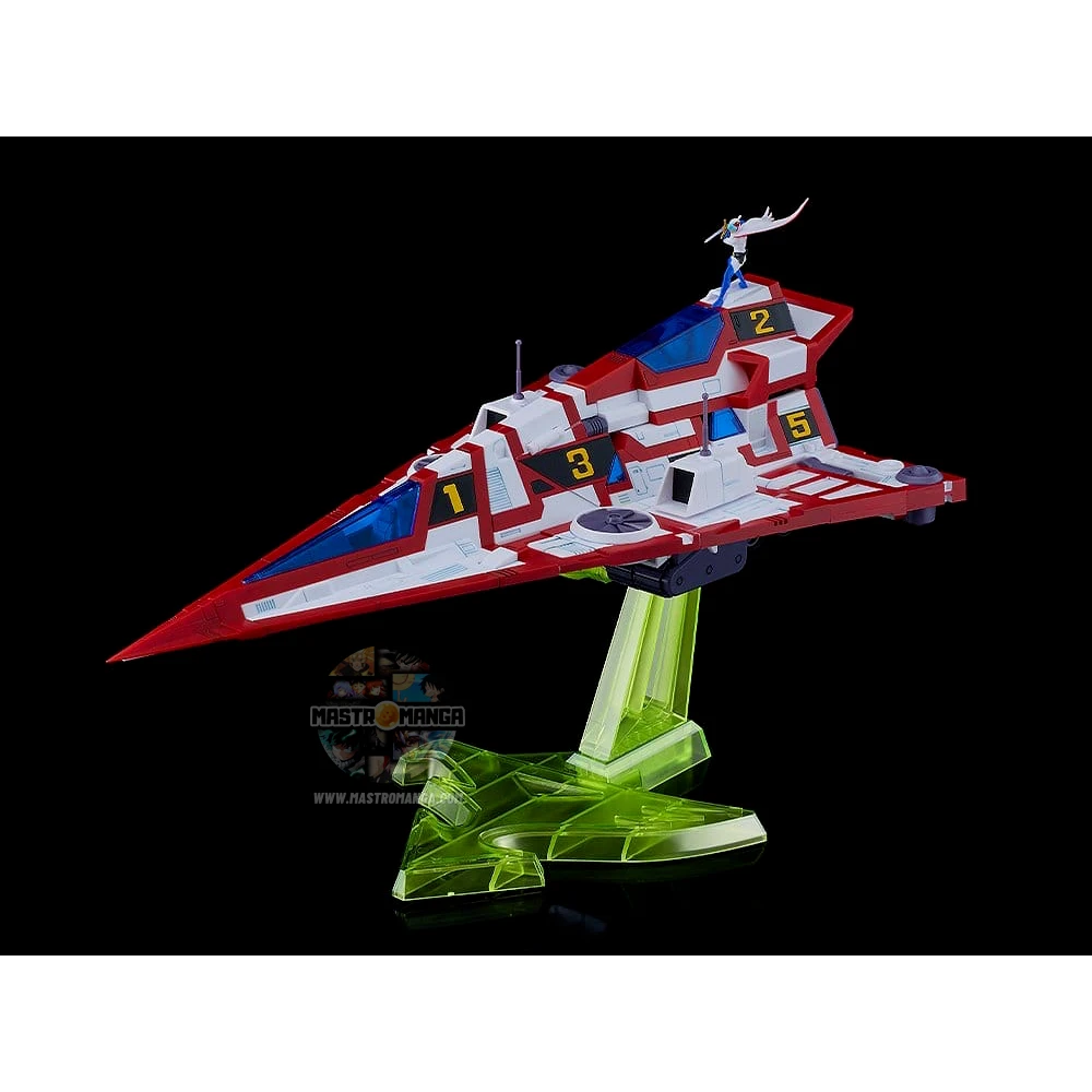 Model kit da assemblare del Gatcha Spartan dalla serie Gatchaman Fighter, linea MODEROID, mostrato nella sua configurazione unita con la colorazione fedele all'anime e i 5 singoli velivoli G1, G2, G3, G4 e G5