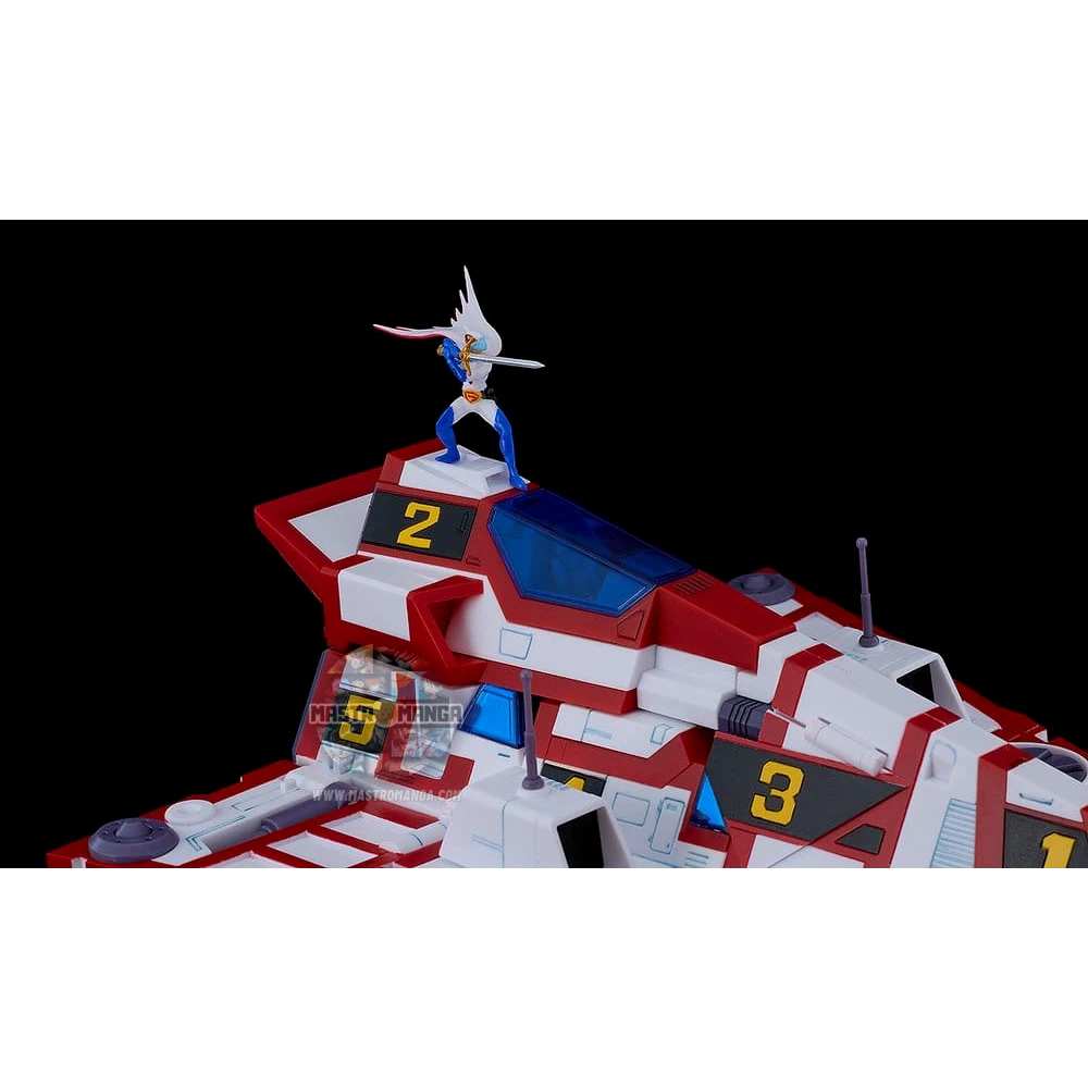 Model kit da assemblare del Gatcha Spartan dalla serie Gatchaman Fighter, linea MODEROID, mostrato nella sua configurazione unita con la colorazione fedele all'anime e i 5 singoli velivoli G1, G2, G3, G4 e G5