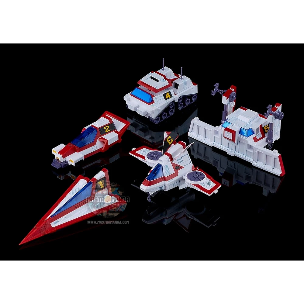 Model kit da assemblare del Gatcha Spartan dalla serie Gatchaman Fighter, linea MODEROID, mostrato nella sua configurazione unita con la colorazione fedele all'anime e i 5 singoli velivoli G1, G2, G3, G4 e G5