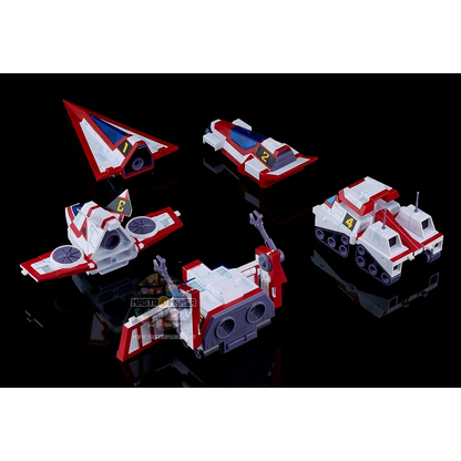 Model kit da assemblare del Gatcha Spartan dalla serie Gatchaman Fighter, linea MODEROID, mostrato nella sua configurazione unita con la colorazione fedele all'anime e i 5 singoli velivoli G1, G2, G3, G4 e G5