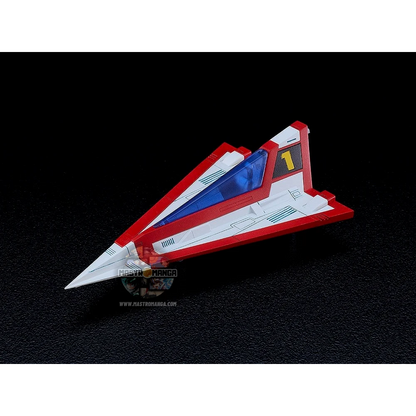 Model kit da assemblare del Gatcha Spartan dalla serie Gatchaman Fighter, linea MODEROID, mostrato nella sua configurazione unita con la colorazione fedele all'anime e i 5 singoli velivoli G1, G2, G3, G4 e G5