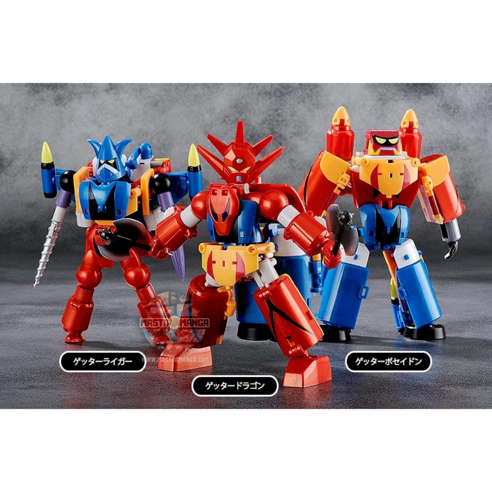 Set di tre mini figure Getter Robo G Dynamic Change FREEing che mostrano le tre navette Eagle, Jaguar e Bear che si combinano nei robot Getter