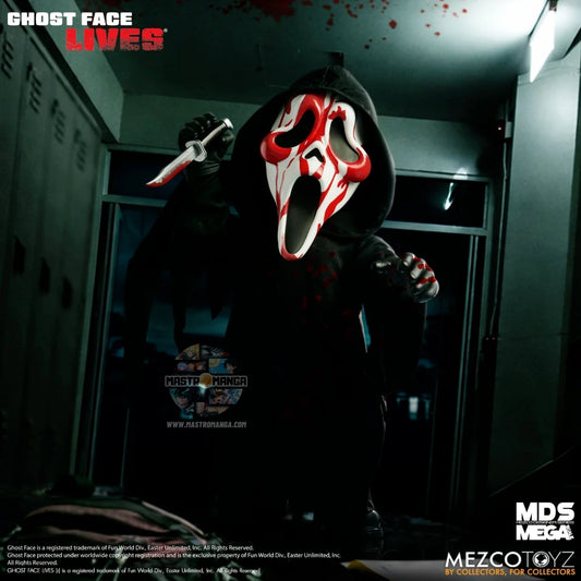 Action figure di grandi dimensioni Bloody Ghost Face Mezco Toyz MDS Mega Scale, con maschera bianca sporca di sangue, tunica nera in vero tessuto e coltello da caccia insanguinato