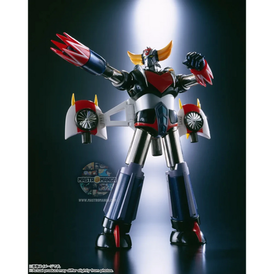 Set completo Soul of Chogokin GX-04S di Grendizer (Goldrake) in metallo die-cast, con lo Spazer principale, i tre veicoli di supporto (Double, Marine e Drill Spazer) e l'espositore per tutte le armi e gli accessori