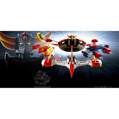 Set completo Soul of Chogokin GX-04S di Grendizer (Goldrake) in metallo die-cast, con lo Spazer principale, i tre veicoli di supporto (Double, Marine e Drill Spazer) e l'espositore per tutte le armi e gli accessori