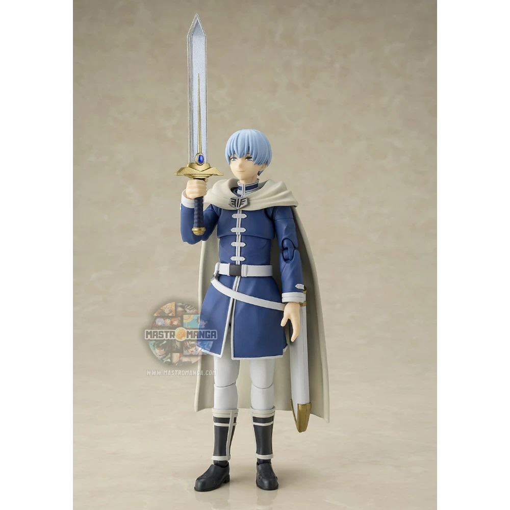 Action figure articolata S.H.Figuarts di Himmel da Frieren: Beyond Journey's End, con mantello blu in tessuto posabile, capelli azzurri, armatura leggera e spada dell'eroe