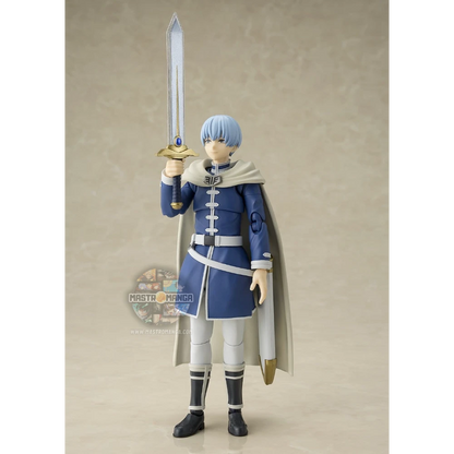 Action figure articolata S.H.Figuarts di Himmel da Frieren: Beyond Journey's End, con mantello blu in tessuto posabile, capelli azzurri, armatura leggera e spada dell'eroe