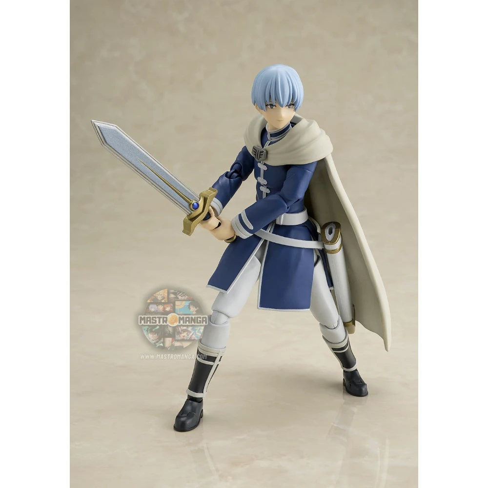 Action figure articolata S.H.Figuarts di Himmel da Frieren: Beyond Journey's End, con mantello blu in tessuto posabile, capelli azzurri, armatura leggera e spada dell'eroe