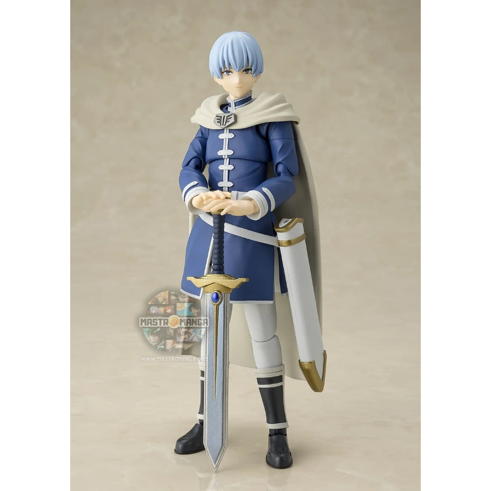 Action figure articolata S.H.Figuarts di Himmel da Frieren: Beyond Journey's End, con mantello blu in tessuto posabile, capelli azzurri, armatura leggera e spada dell'eroe
