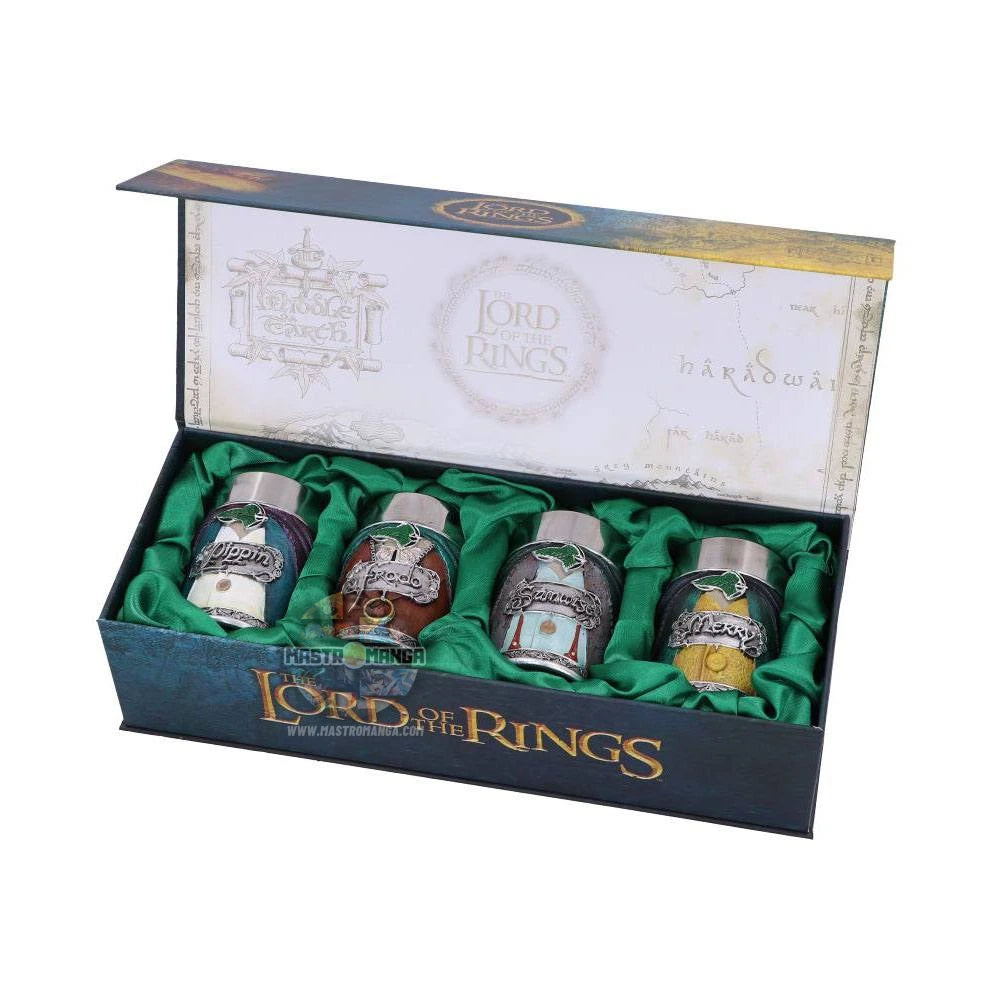 Set di 4 bicchierini da liquore Hobbit Shot Glass Set Il Signore degli Anelli Nemesis Now con icone della Contea