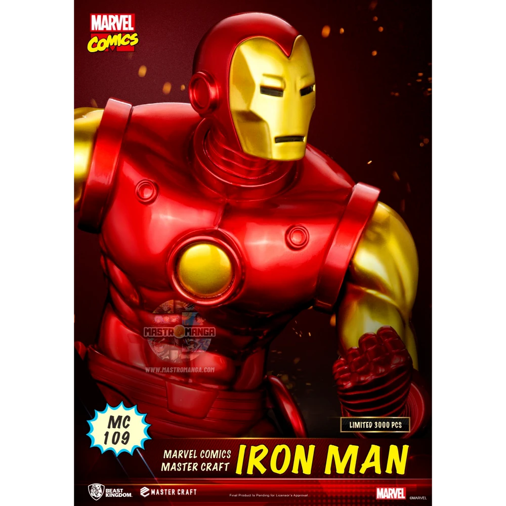 Statua da collezione Iron Man Marvel Comics serie Master Craft di Beast Kingdom, con l'armatura classica rossa e oro, rifinitura metallizzata lucida e base espositiva con logo Marvel