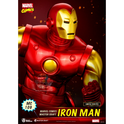 Statua da collezione Iron Man Marvel Comics serie Master Craft di Beast Kingdom, con l'armatura classica rossa e oro, rifinitura metallizzata lucida e base espositiva con logo Marvel