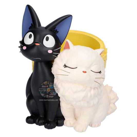 Vaso di fiori ufficiale Studio Ghibli a tema Kiki - Consegne a domicilio, raffigurante il gatto nero Jiji e la gatta bianca Lily seduti vicini accanto a un cestino decorato che funge da fioriera