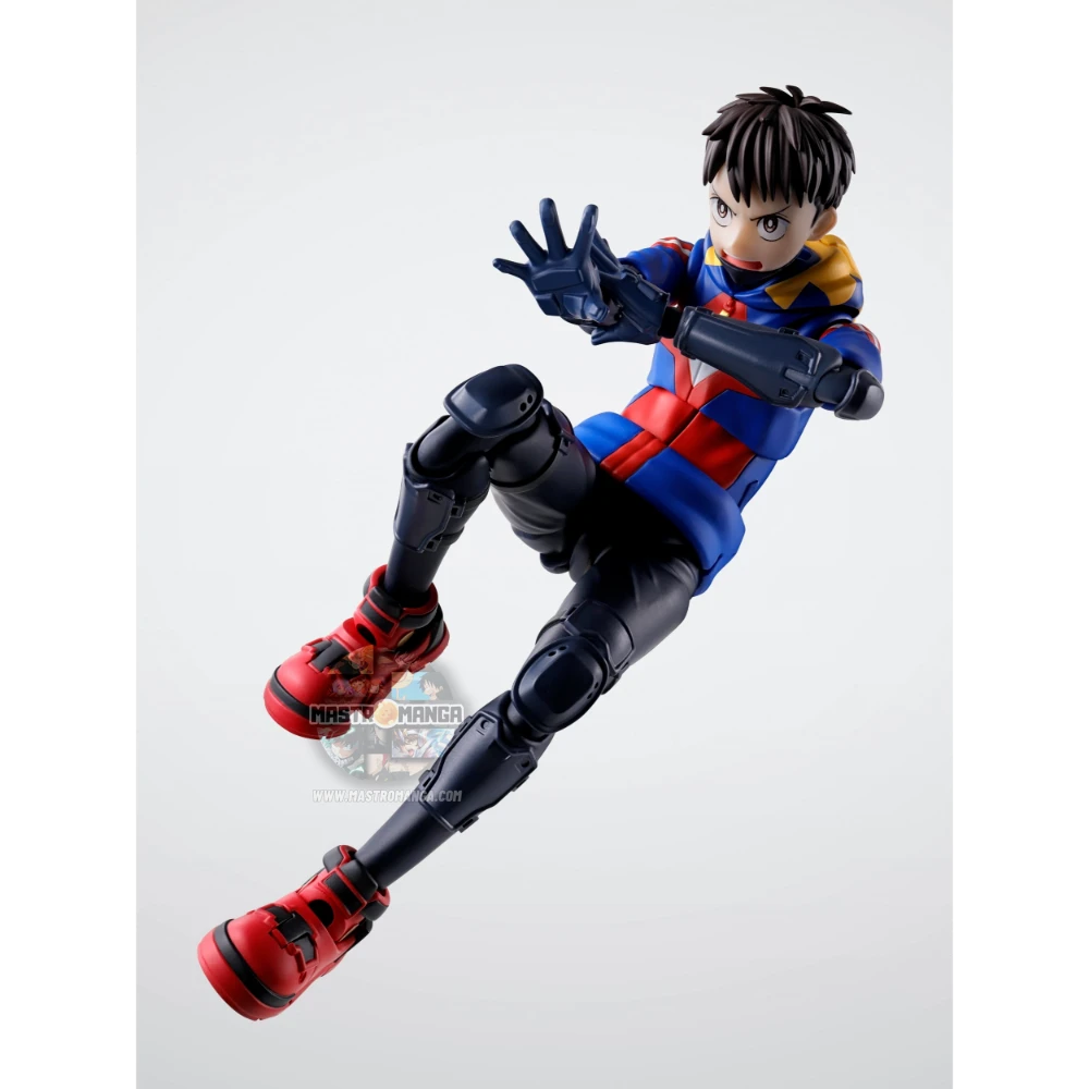 Action figure articolata S.H.Figuarts di Koichi Haimawari da My Hero Academia Vigilantes, con la sua caratteristica felpa gialla con cappuccio, maschera improvvisata ed effetti trasparenti per il Quirk di scivolamento