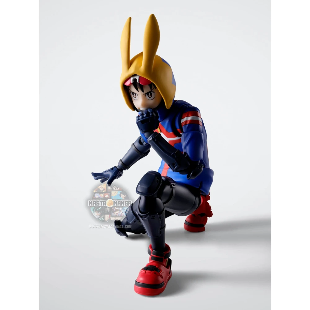 Action figure articolata S.H.Figuarts di Koichi Haimawari da My Hero Academia Vigilantes, con la sua caratteristica felpa gialla con cappuccio, maschera improvvisata ed effetti trasparenti per il Quirk di scivolamento