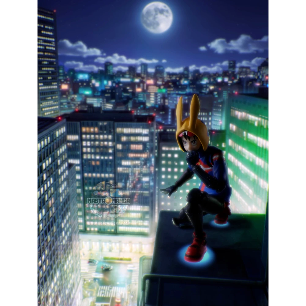 Action figure articolata S.H.Figuarts di Koichi Haimawari da My Hero Academia Vigilantes, con la sua caratteristica felpa gialla con cappuccio, maschera improvvisata ed effetti trasparenti per il Quirk di scivolamento