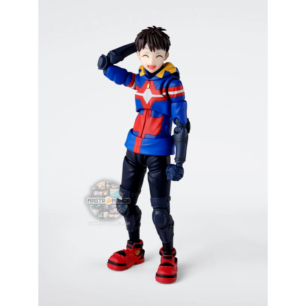 Action figure articolata S.H.Figuarts di Koichi Haimawari da My Hero Academia Vigilantes, con la sua caratteristica felpa gialla con cappuccio, maschera improvvisata ed effetti trasparenti per il Quirk di scivolamento