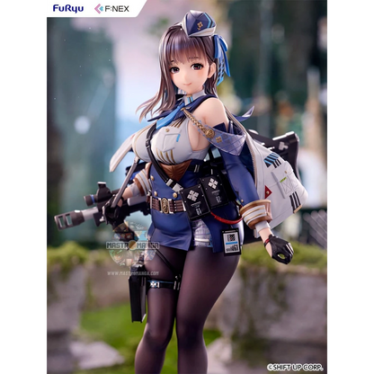 Statua da collezione di Marian dal videogioco Goddess of Victory: NIKKE, scala 1:7 prodotta da F:NEX FuRyu, con la sua divisa militare dettagliata e il fucile d'assalto