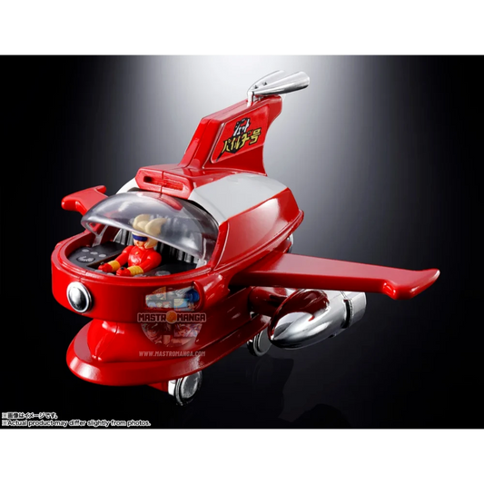 Modello in metallo die-cast del Jet Pilder di Mazinger Z, linea Soul of Popynica, con livrea rossa e bianca, rotori delle ali orientabili e cupola della cabina trasparente con pilota all'interno