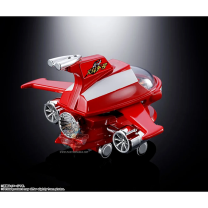 Modello in metallo die-cast del Jet Pilder di Mazinger Z, linea Soul of Popynica, con livrea rossa e bianca, rotori delle ali orientabili e cupola della cabina trasparente con pilota all'interno