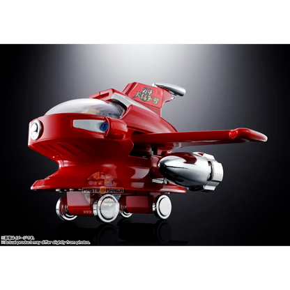 Modello in metallo die-cast del Jet Pilder di Mazinger Z, linea Soul of Popynica, con livrea rossa e bianca, rotori delle ali orientabili e cupola della cabina trasparente con pilota all'interno