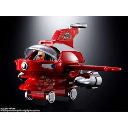 Modello in metallo die-cast del Jet Pilder di Mazinger Z, linea Soul of Popynica, con livrea rossa e bianca, rotori delle ali orientabili e cupola della cabina trasparente con pilota all'interno