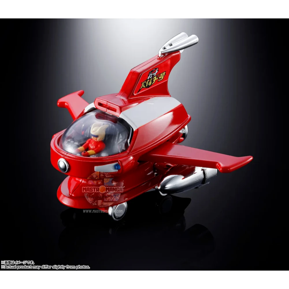 Modello in metallo die-cast del Jet Pilder di Mazinger Z, linea Soul of Popynica, con livrea rossa e bianca, rotori delle ali orientabili e cupola della cabina trasparente con pilota all'interno