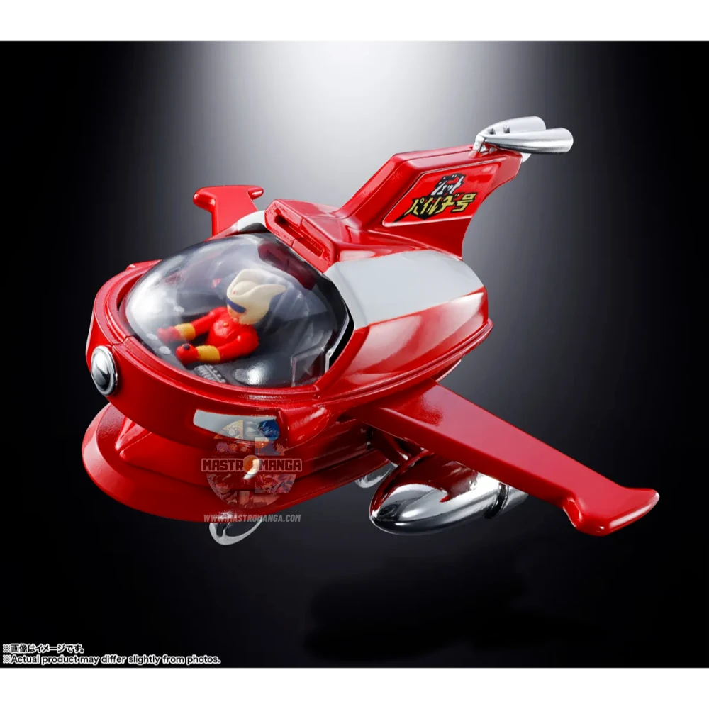 Modello in metallo die-cast del Jet Pilder di Mazinger Z, linea Soul of Popynica, con livrea rossa e bianca, rotori delle ali orientabili e cupola della cabina trasparente con pilota all'interno