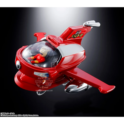 Modello in metallo die-cast del Jet Pilder di Mazinger Z, linea Soul of Popynica, con livrea rossa e bianca, rotori delle ali orientabili e cupola della cabina trasparente con pilota all'interno