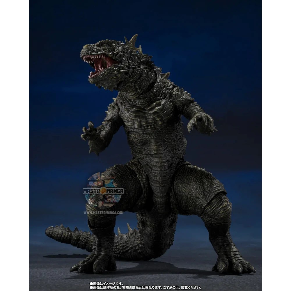 Action figure articolata S.H.MonsterArts di Godzilla 2023 nella forma di Odo Island Monster da Godzilla Minus One, con pelle rugosa marrone, fauci aperte e piccoli aculei dorsali