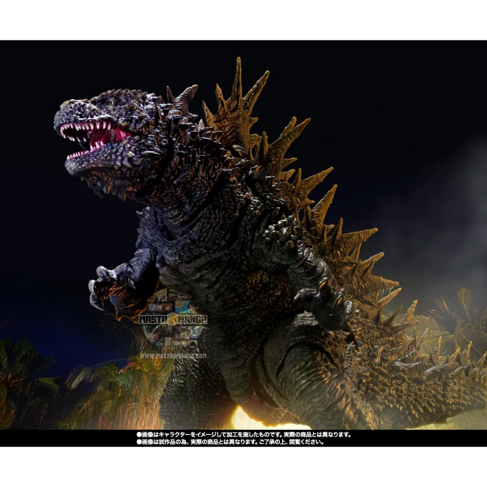 Action figure articolata S.H.MonsterArts di Godzilla 2023 nella forma di Odo Island Monster da Godzilla Minus One, con pelle rugosa marrone, fauci aperte e piccoli aculei dorsali