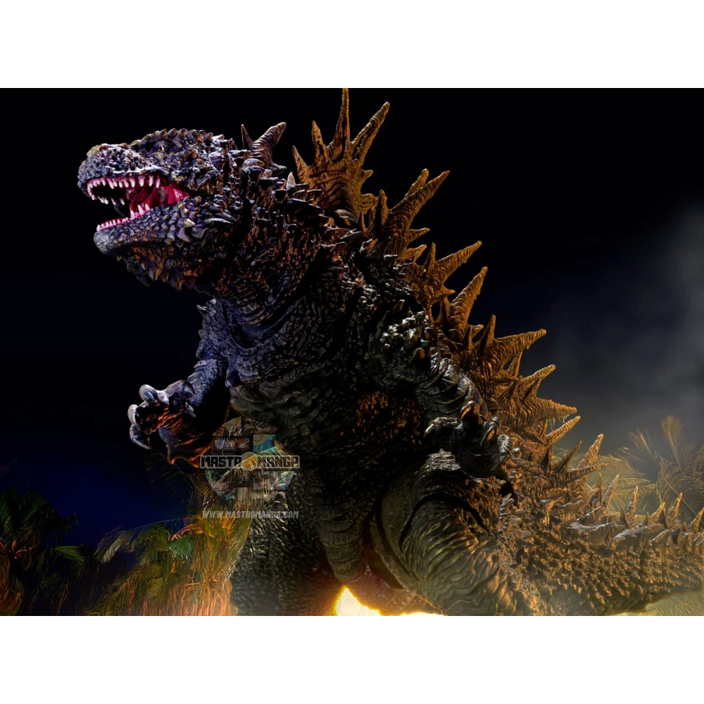 Action figure articolata S.H.MonsterArts di Godzilla 2023 nella forma di Odo Island Monster da Godzilla Minus One, con pelle rugosa marrone, fauci aperte e piccoli aculei dorsali