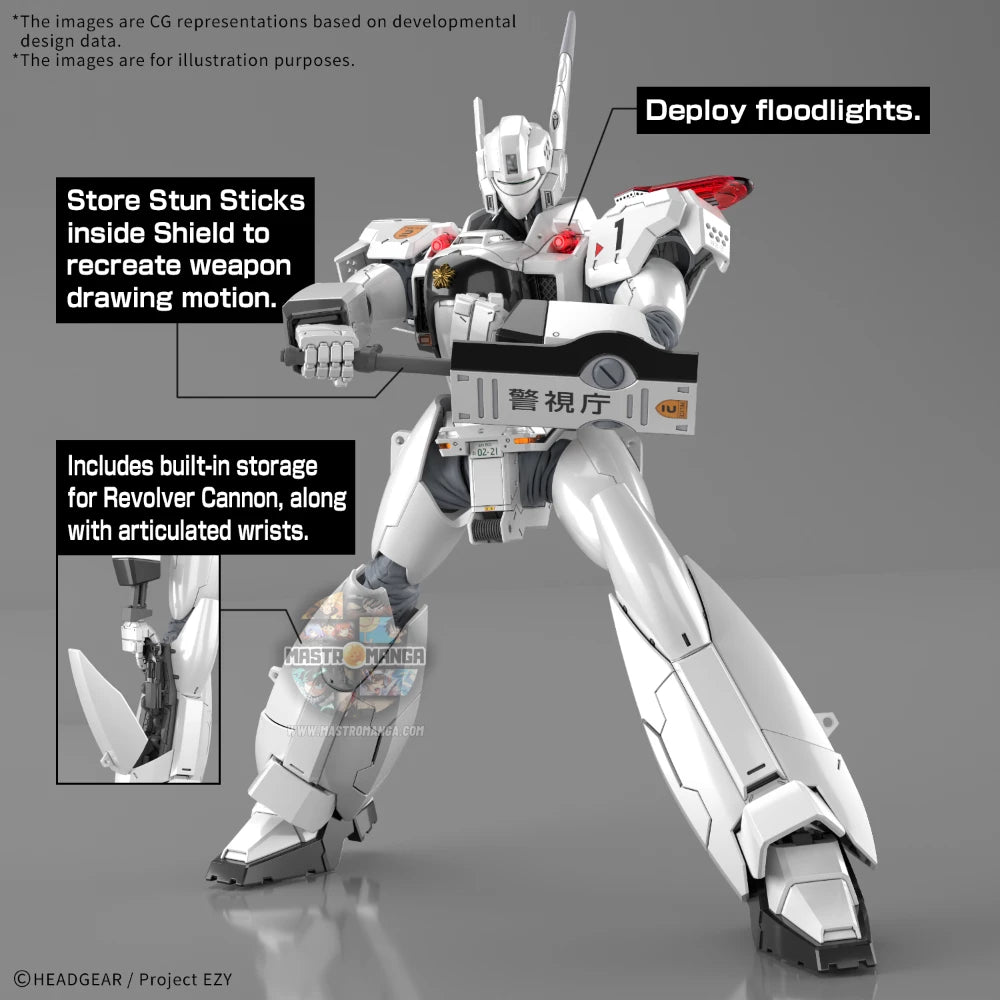Model kit Bandai RG Patlabor AV-98plus Ingram Plus con armatura bianca e nera, frame interno visibile e giunture protette