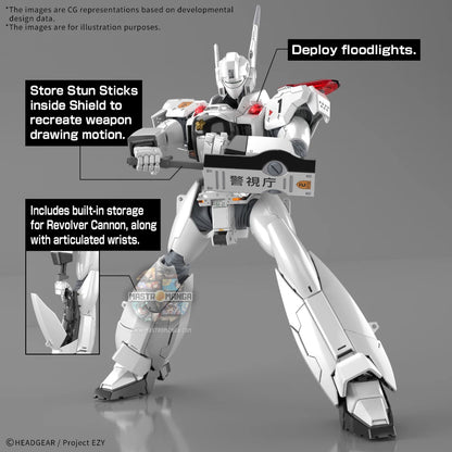 Model kit Bandai RG Patlabor AV-98plus Ingram Plus con armatura bianca e nera, frame interno visibile e giunture protette